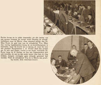 874804 Collage van 2 foto's betreffende de schaaksimultaan van dr. Max Euwe, georganiseerd door de schaakclub Trio in ...